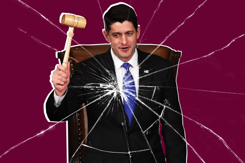 Cracks appear over House Speaker Paul Ryan, who holds up the People's Gavel.